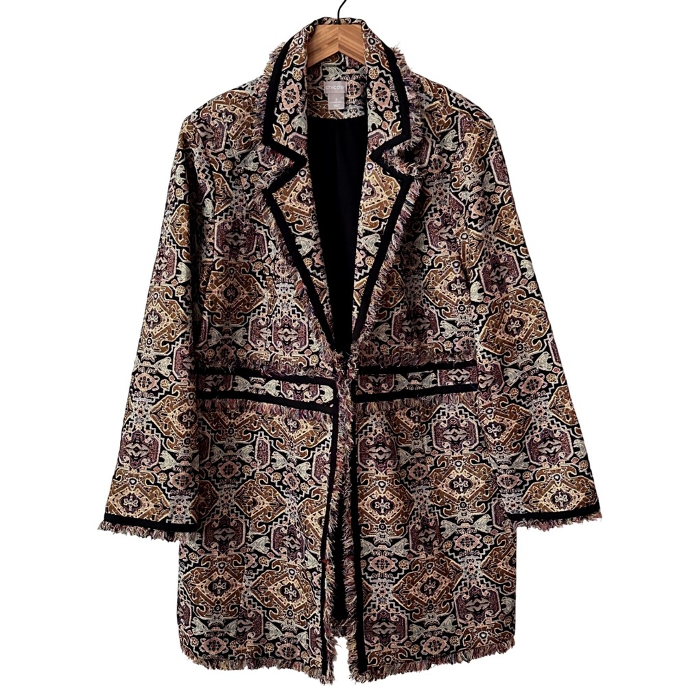 Chicos Women Jacket 3 XL Geometric Tapestry Metallic Fringed Longline Boho Artsy